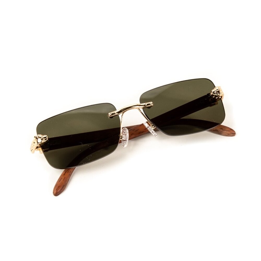 Mens Green Tint Rimless Gold Frame Vintage Wood Buffs Leopard Head Sunglasses - Picture 6 of 6